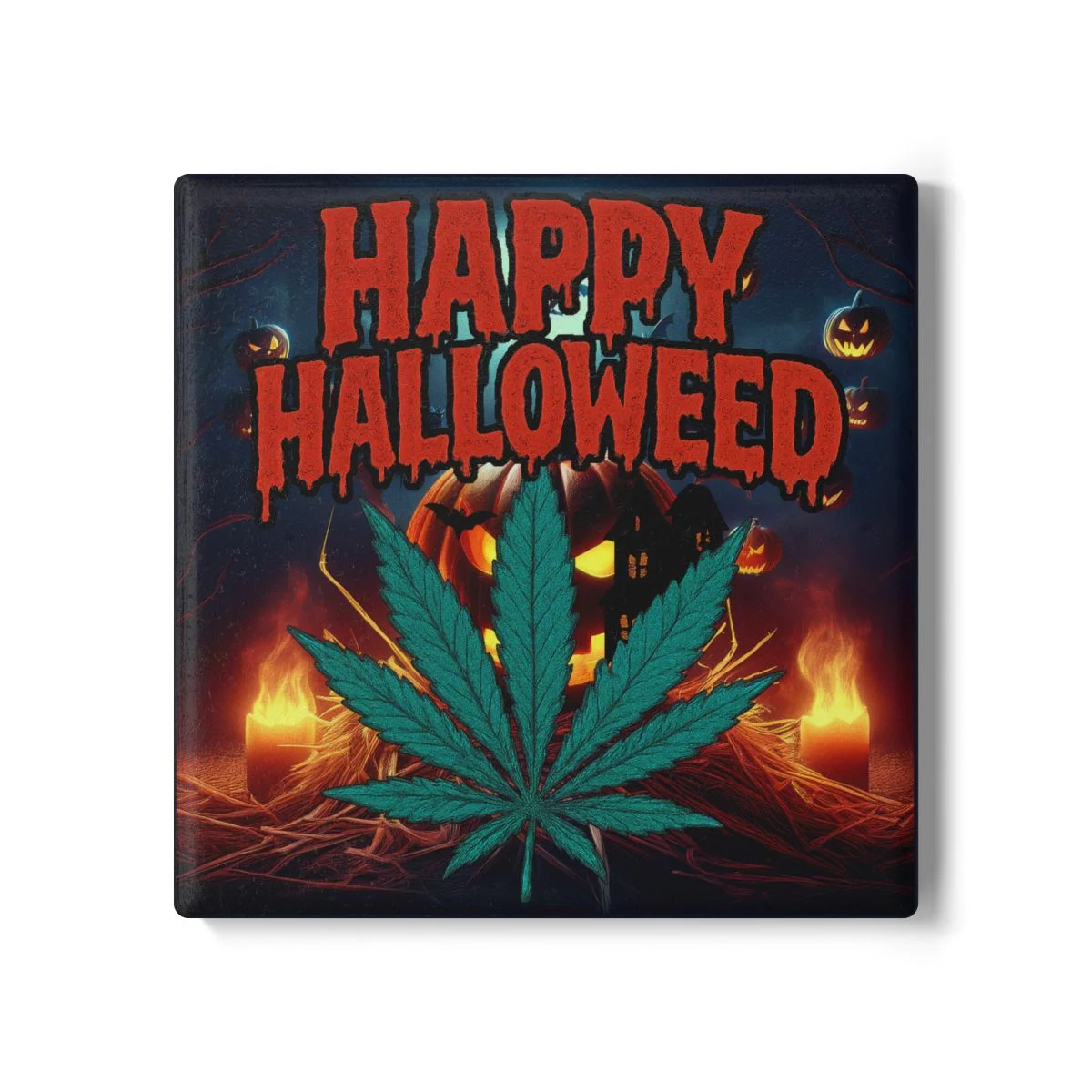 Square Haunted Mansion Halloweed Coaster | Ghosts & Witches Flying | Jack-O-Lantern Pumpkin Drink Mat | Spooky Party Table Decor Gift