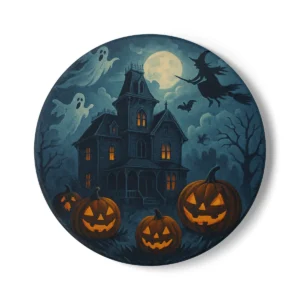 Haunted Mansion Halloween Coaster | Ghosts & Witches Flying | Jack O Lantern Pumpkin Drink Mat | Spooky Party Table Decor Gift