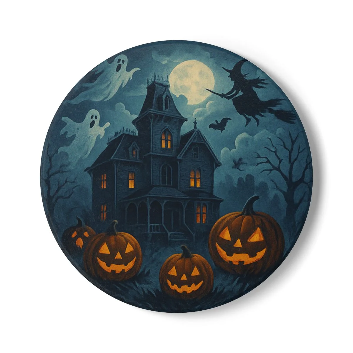 Haunted Mansion Halloween Coaster | Ghosts & Witches Flying | Jack O Lantern Pumpkin Drink Mat | Spooky Party Table Decor Gift