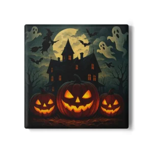 Haunted Mansion Halloween Coaster | Ghosts & Witches Flying | Jack O-Lantern Pumpkin Drink Mat | Spooky Party Table Decor Gift