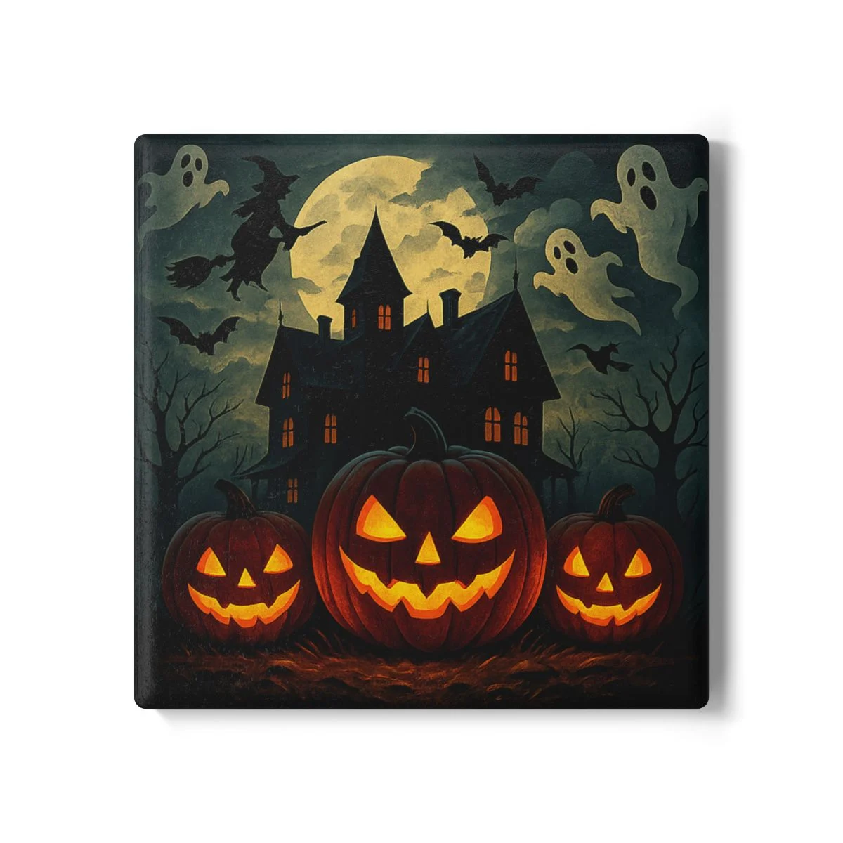 Haunted Mansion Halloween Coaster | Ghosts & Witches Flying | Jack O-Lantern Pumpkin Drink Mat | Spooky Party Table Decor Gift